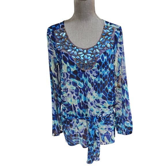 Cache Women's Blue Beaded Long Sleeve Sheer Blouse Small NWT - Picture 1 of 7
